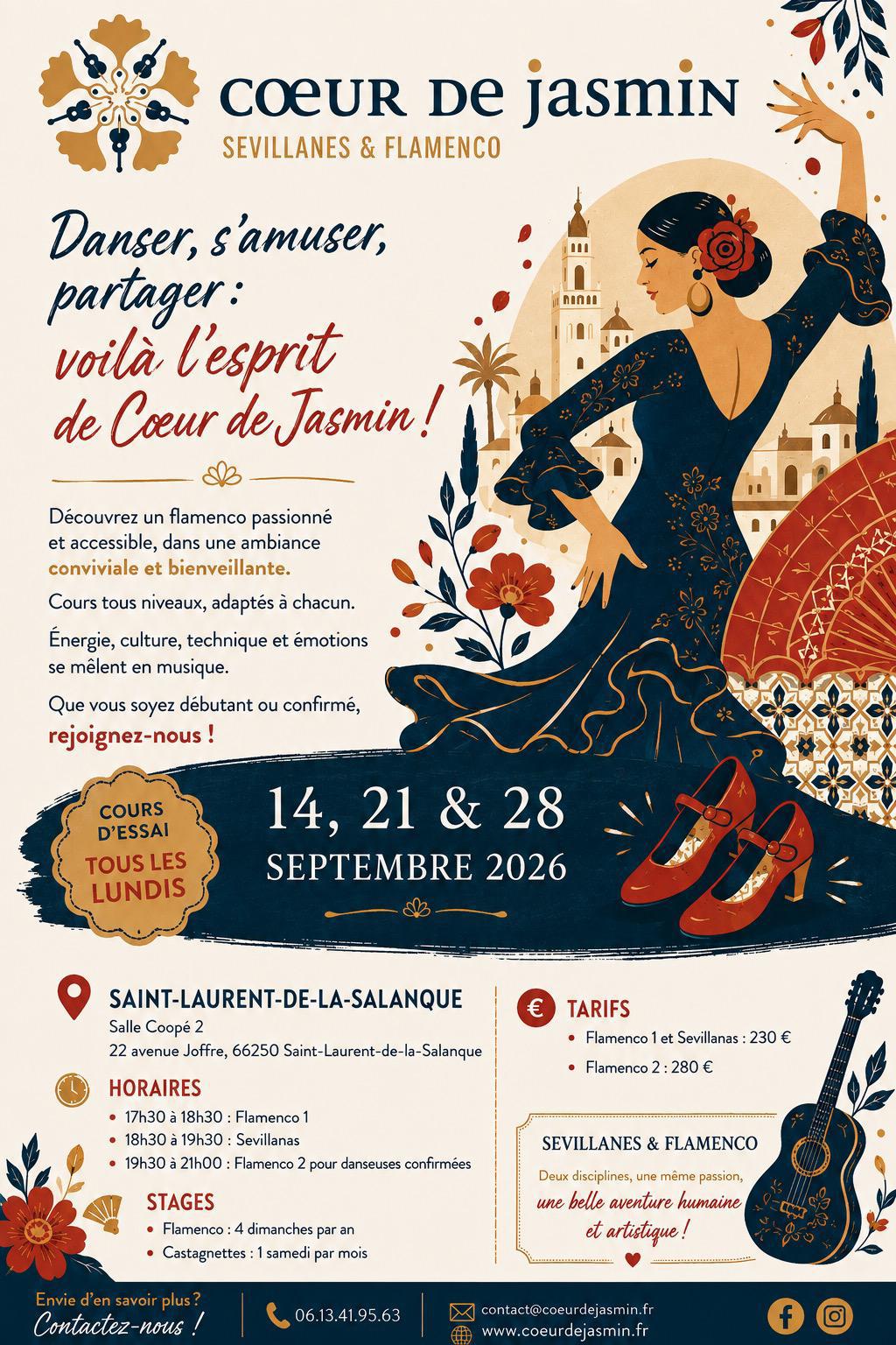 Affiche Cœur de Jasmin pour les cours d’essai des 14, 21 et 28 septembre 2026