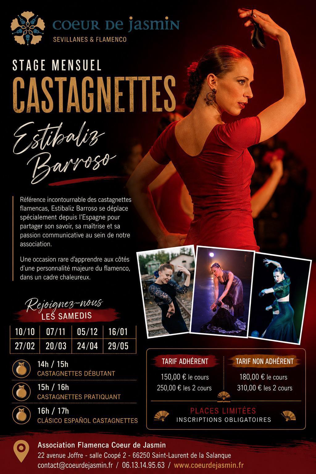 Affiche du stage mensuel de castagnettes avec Estíbaliz Barroso